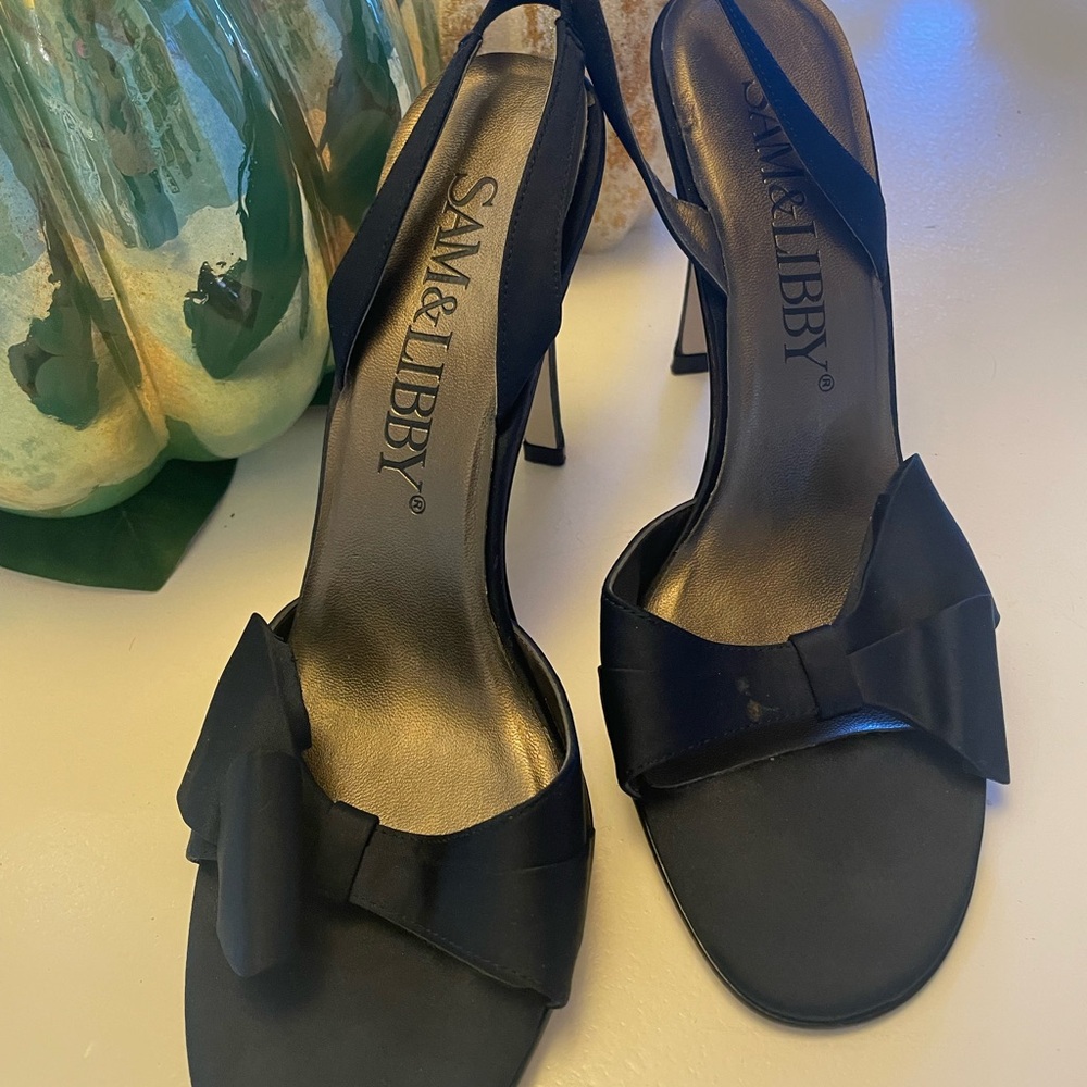 Sam & Libby Blue Satin Women's Heels, sling back with bows